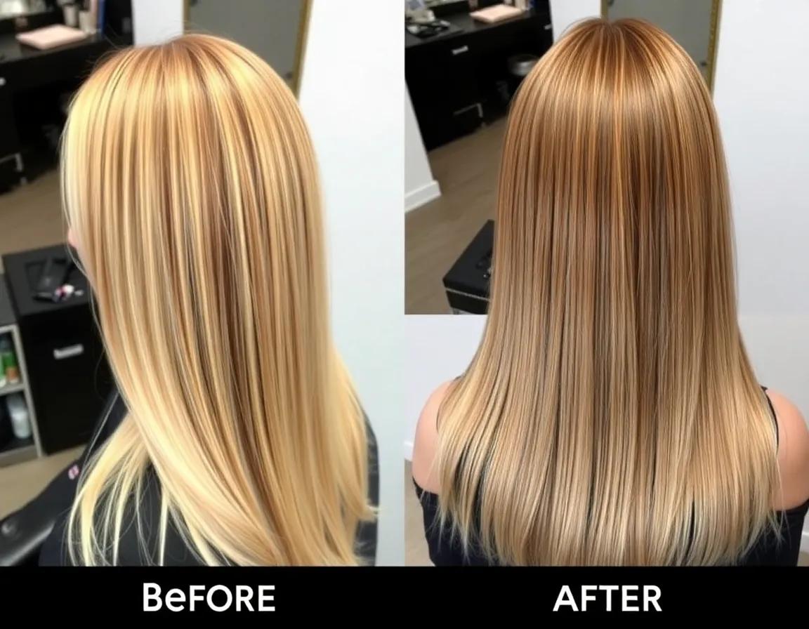 Before and after collage showing balayage, full colour, and highlights results