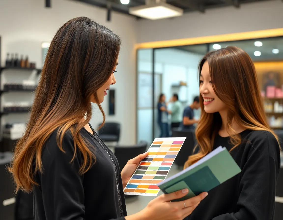 A stylist consulting a client with color swatches.