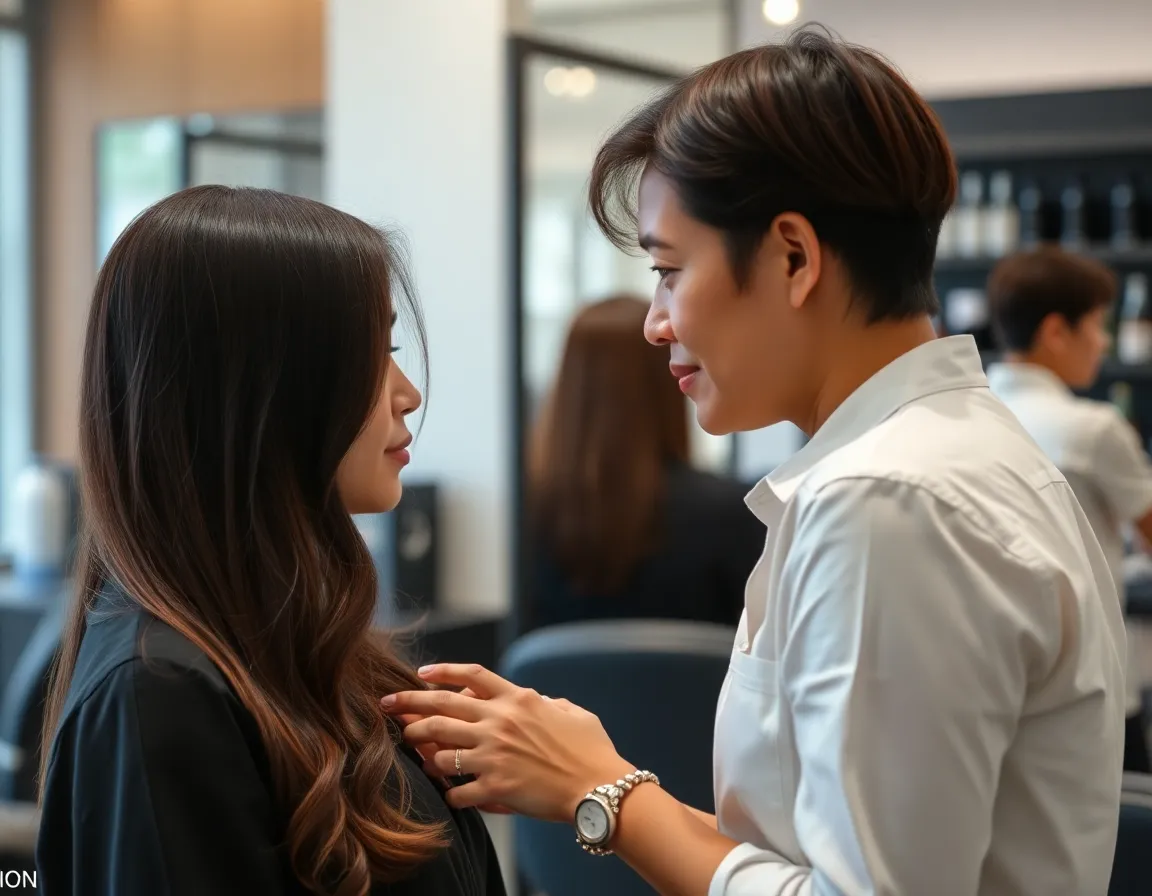 Close-up of a stylist and customer discussing hair options