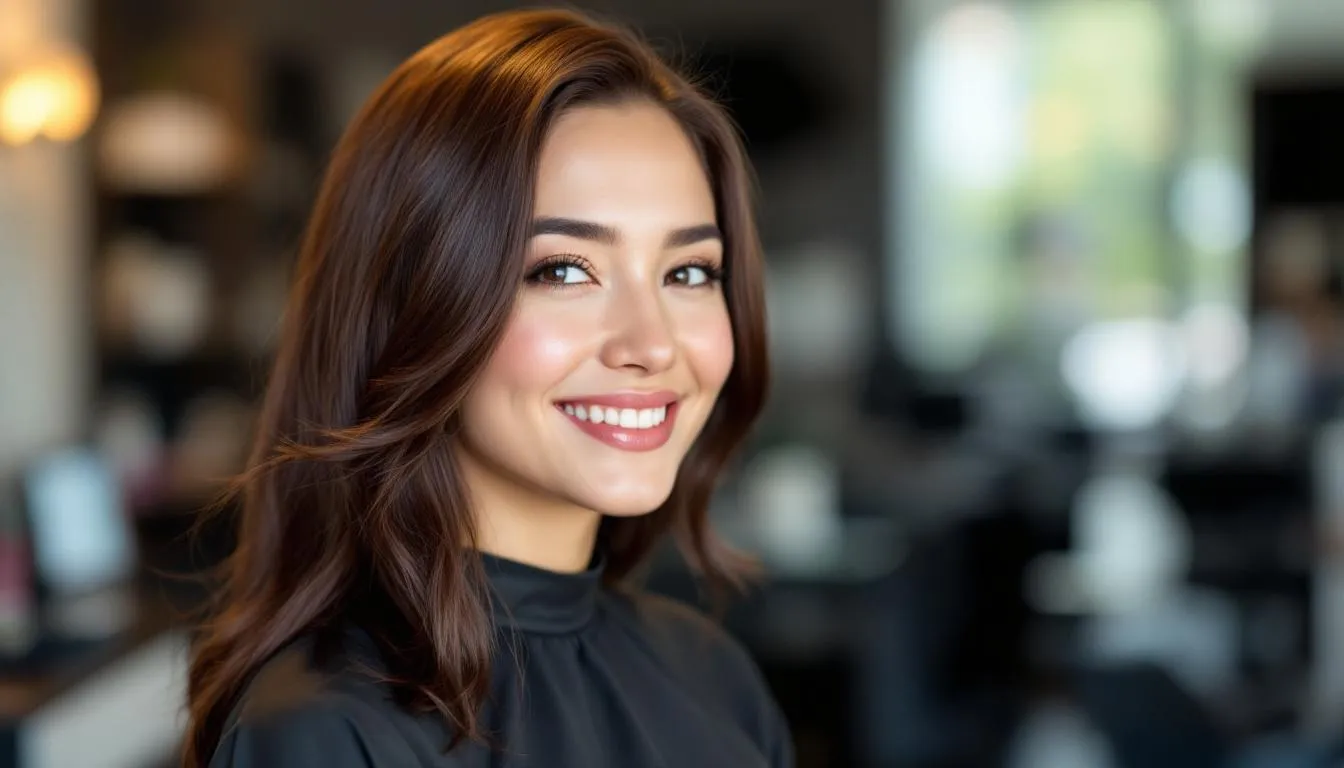 Happy customer showing off her new hair color at the salon – hair dyeing salon near me