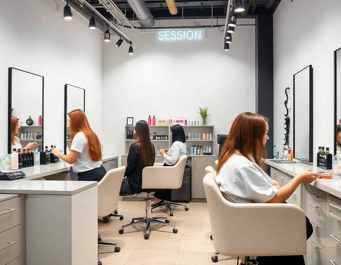 Stylists working in a clean and vibrant salon environment