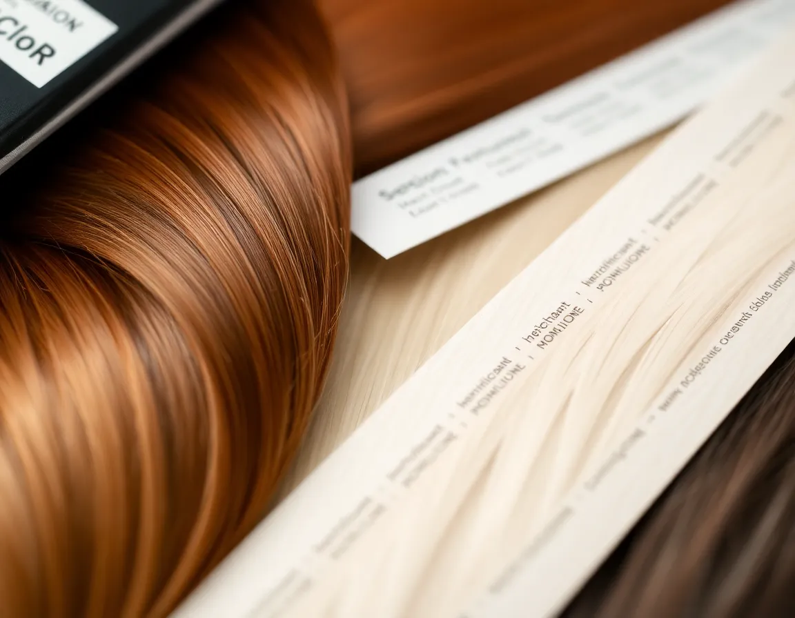 Close-up of hair color samples and dyeing products