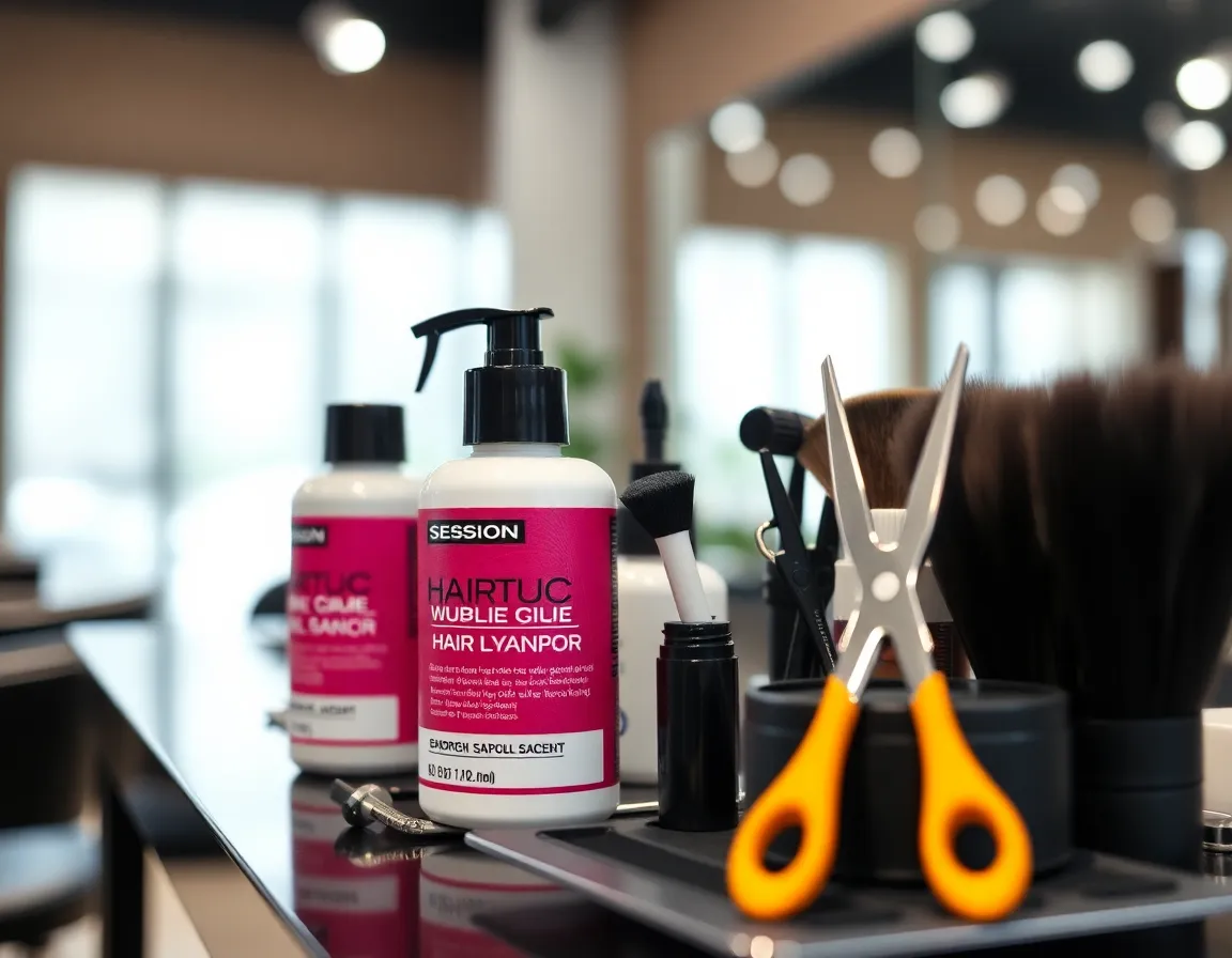 a close-up of high-quality hair dye products and tools in a salon