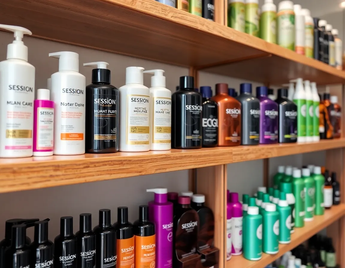 Shelves of recommended hair care products for dyed hair.