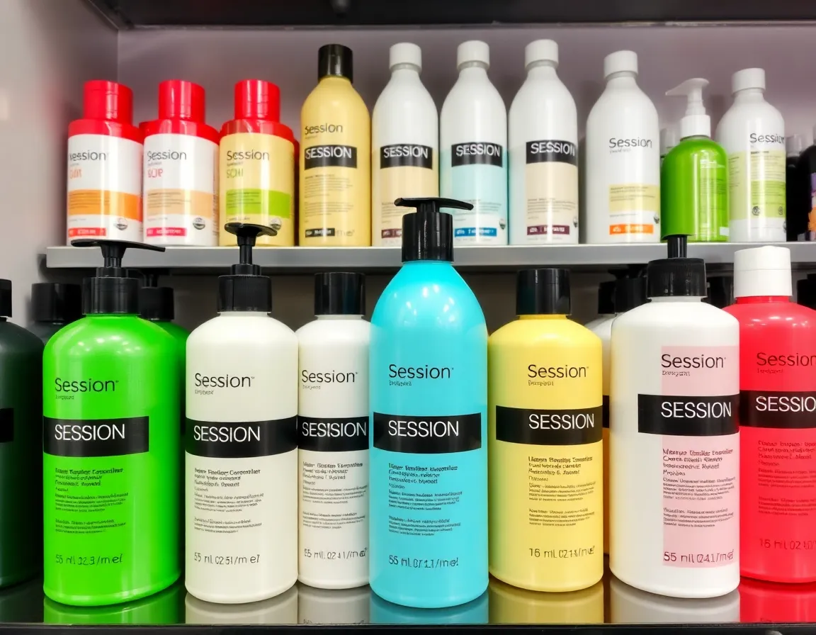 various hair care products like shampoos and conditioners displayed on a shelf