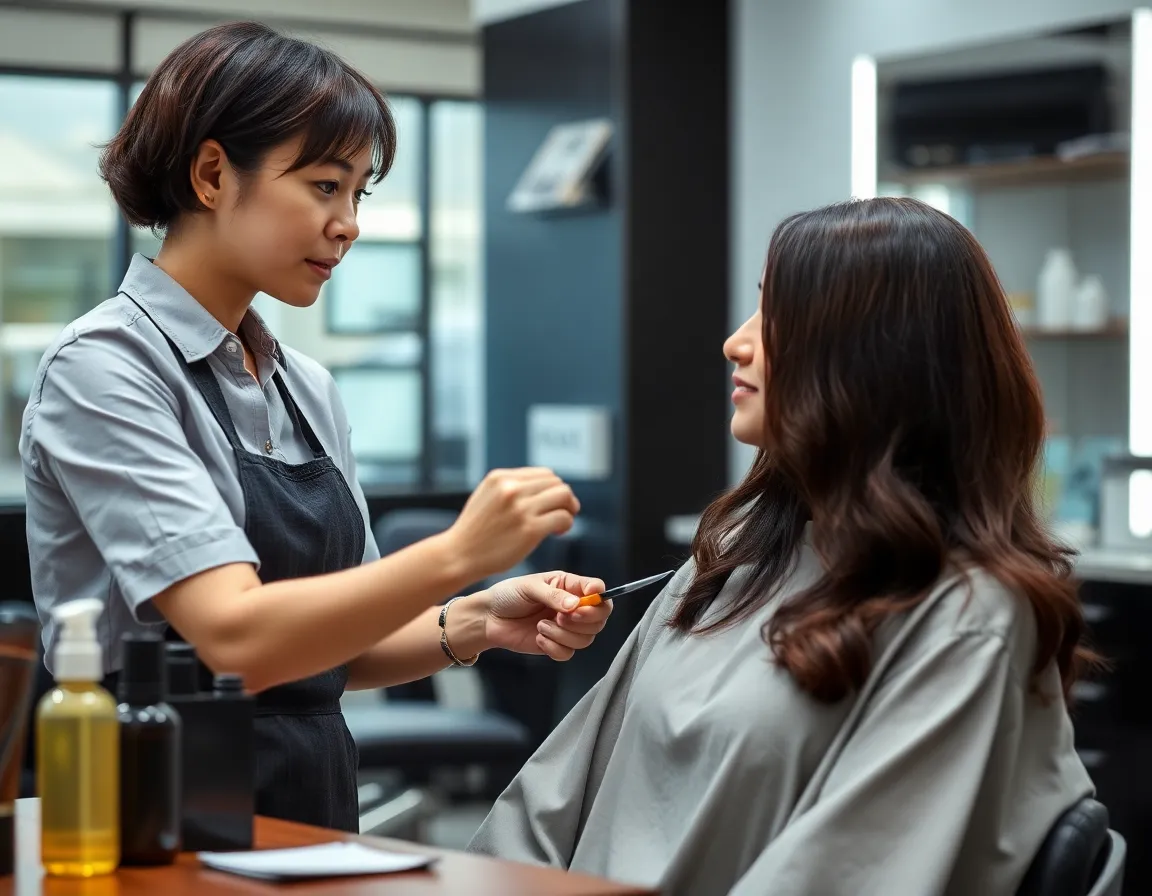 A client and colourist discussing hair colour options