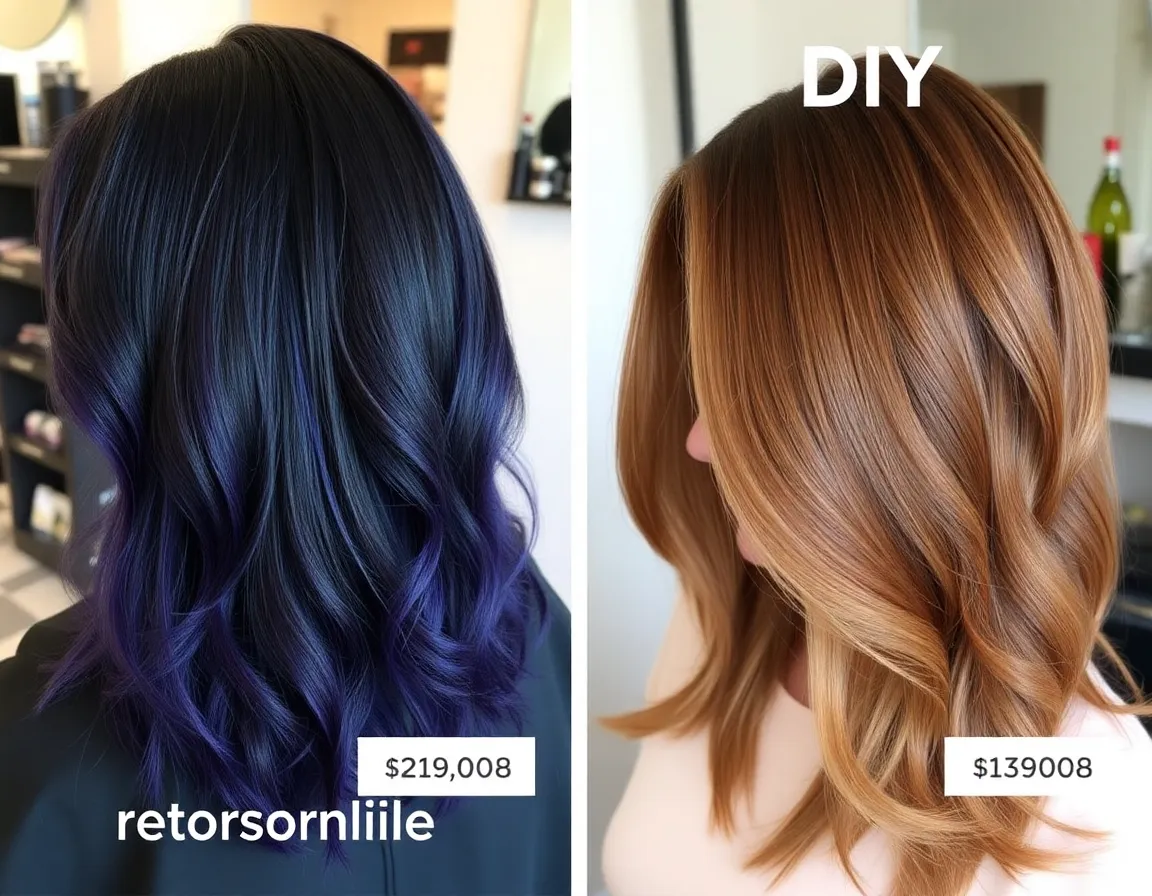 side-by-side comparison image of a professional dye job and a DIY result