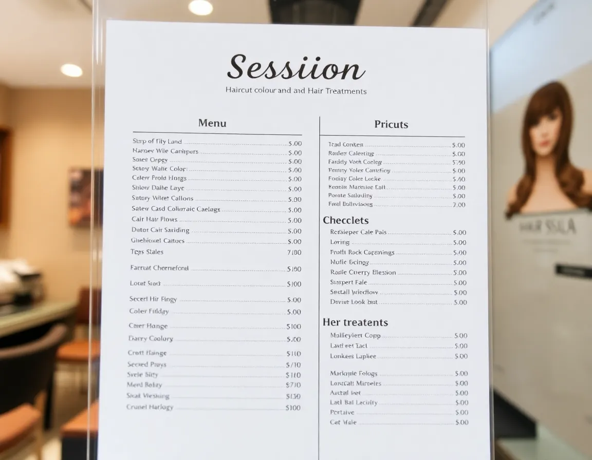 A price list or menu from a hair salon