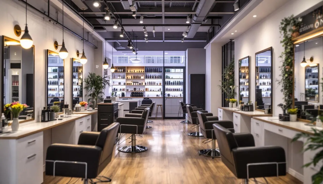 An inviting interior shot of a bustling, affordable hair salon – cheap hair salons
