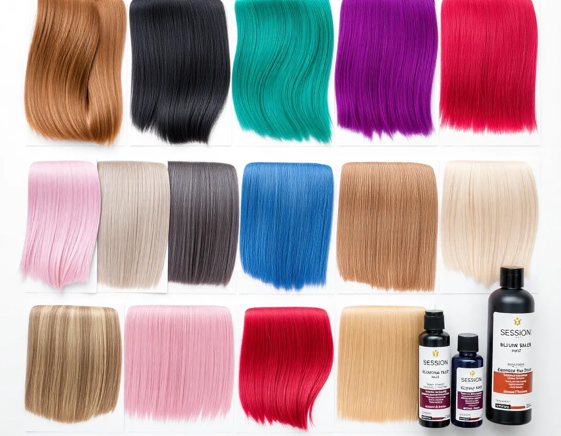 Various hair color swatches and dye products