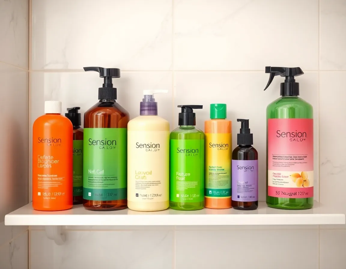 A collection of affordable hair care products on a bathroom shelf.