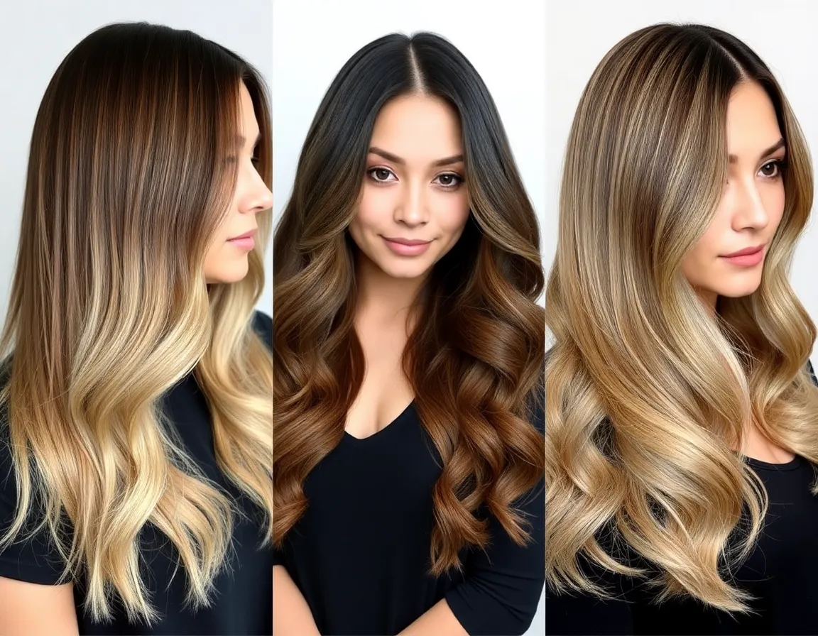 Visuals of balayage, ombre, and highlights on models.