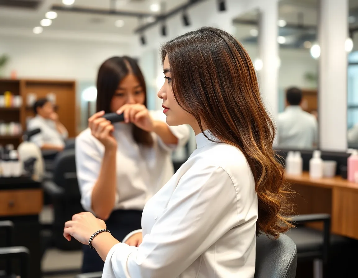 Styling process in the salon with professional products visible