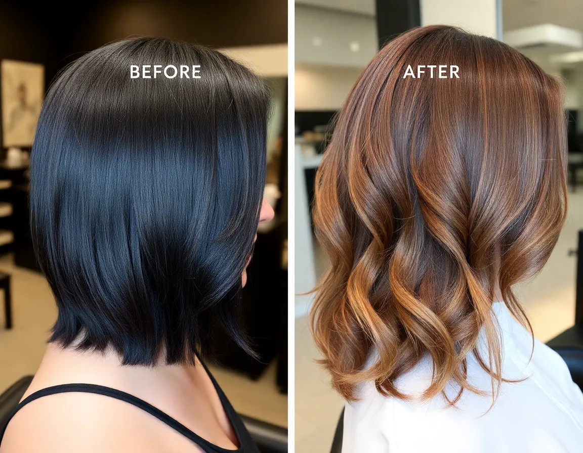 Before and after transformation images of hair dyeing