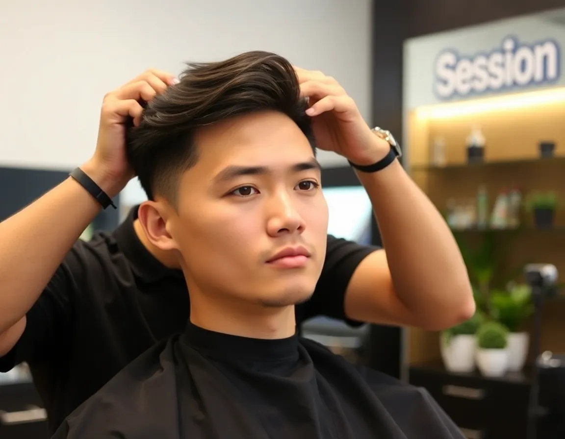 A professional stylist working on a man's hair