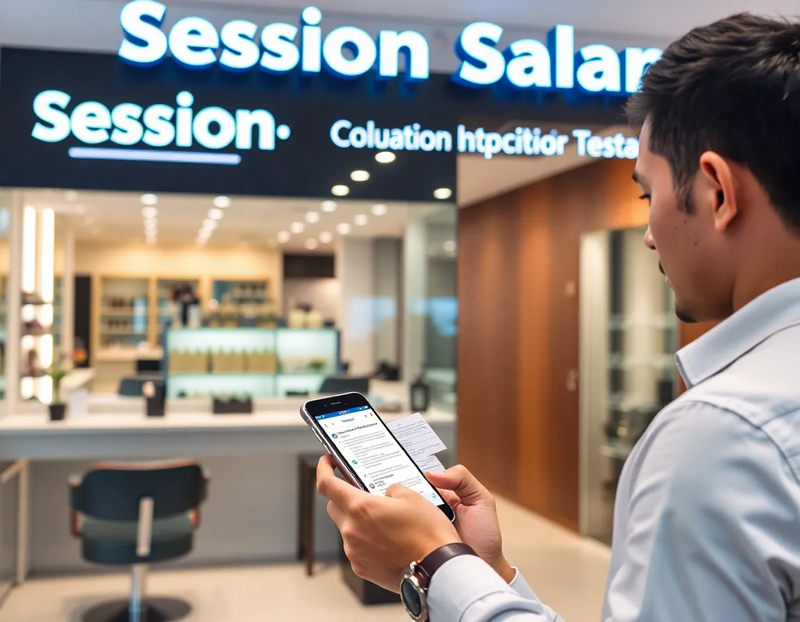 A man reading reviews on his phone while looking at a salon
