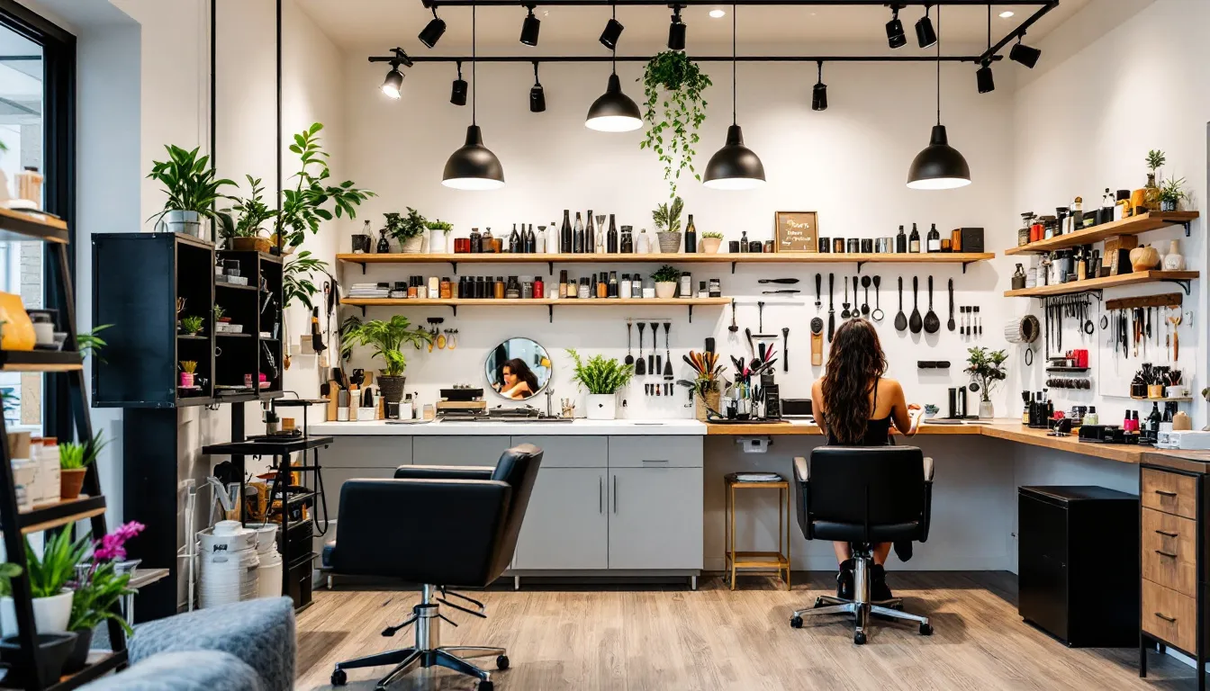 A welcoming hair salon interior showcasing various hair styling tools and a stylist at work – paya lebar hair salon