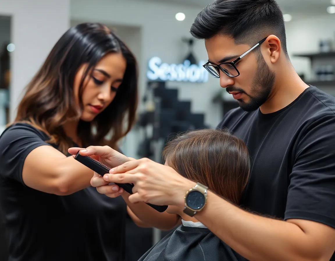 Image of a stylist in action performing a haircut.