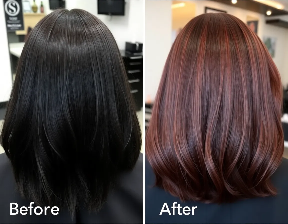 Before-and-after images of hair dyed with organic dye