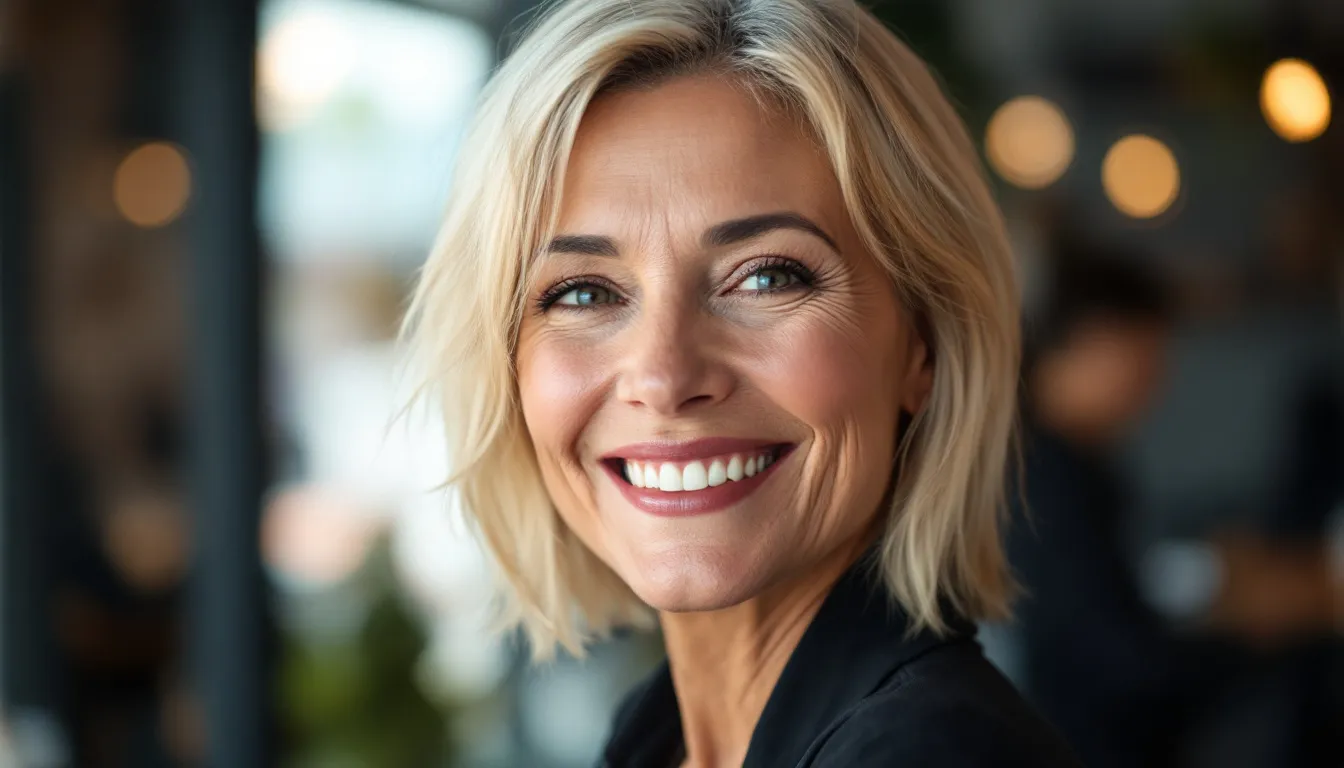 A confident older woman with a trendy haircut, smiling – trendy hair cuts for over 50