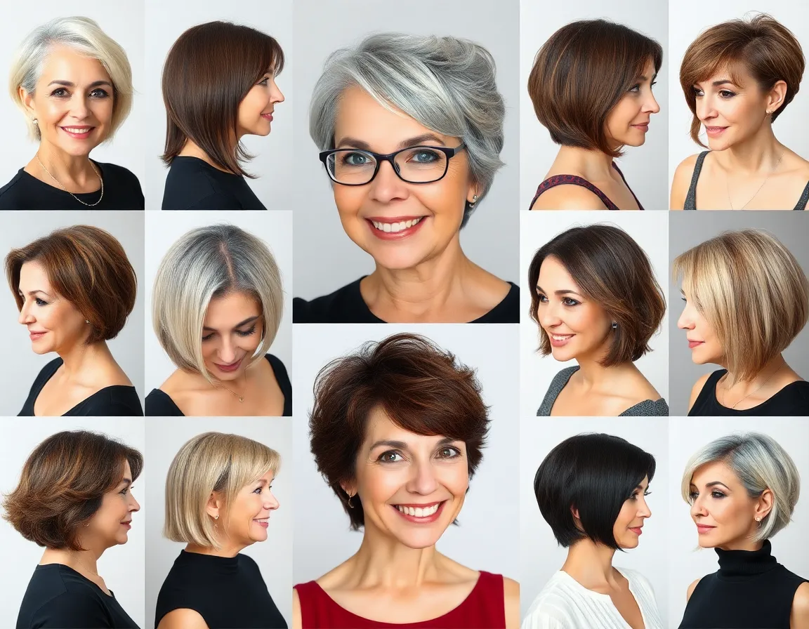A collage of women over 50 showcasing various trendy haircuts.