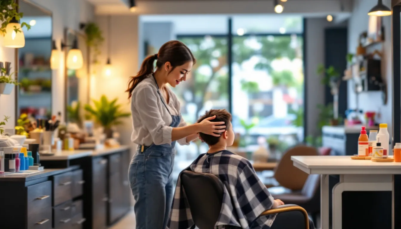 A bright and welcoming salon space with a parent and infant getting a haircut – infant haircut singapore