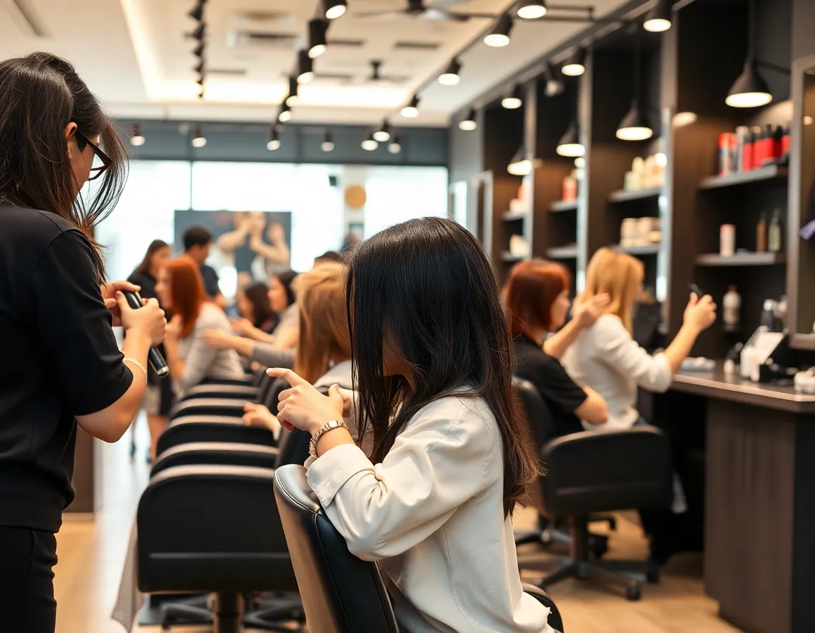 Stylists at work cutting hair in a lively salon