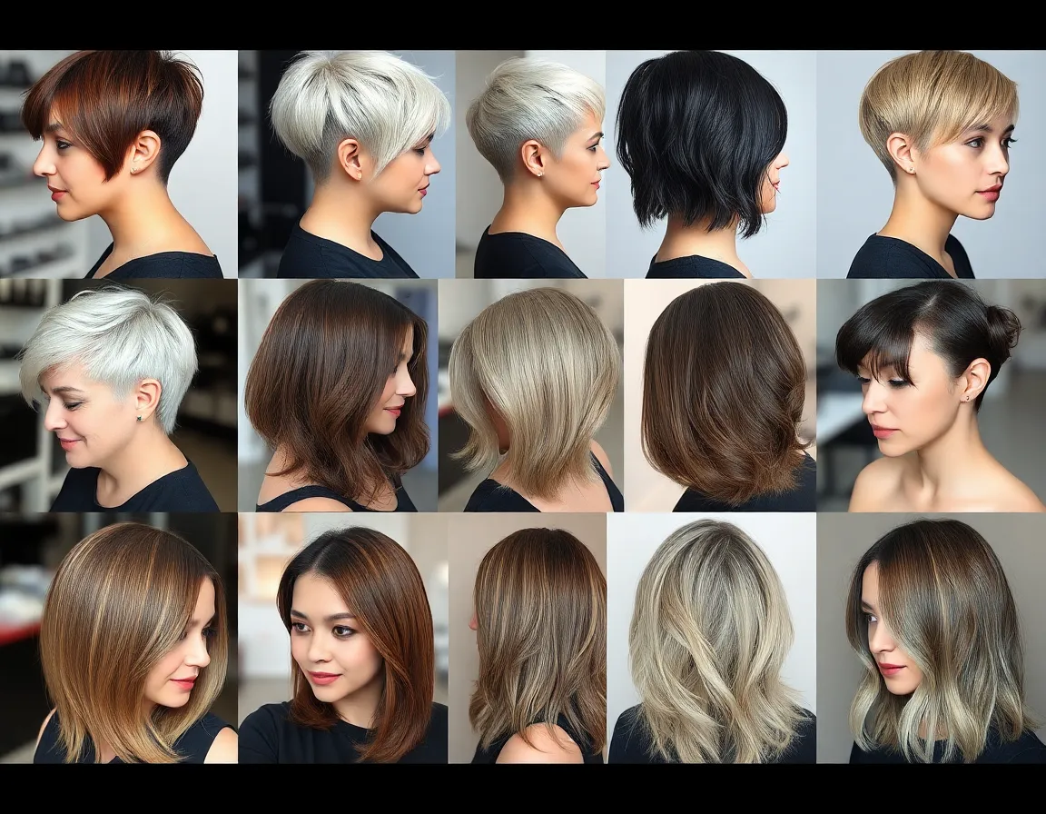 Collage of various haircuts from short pixies to long layers.