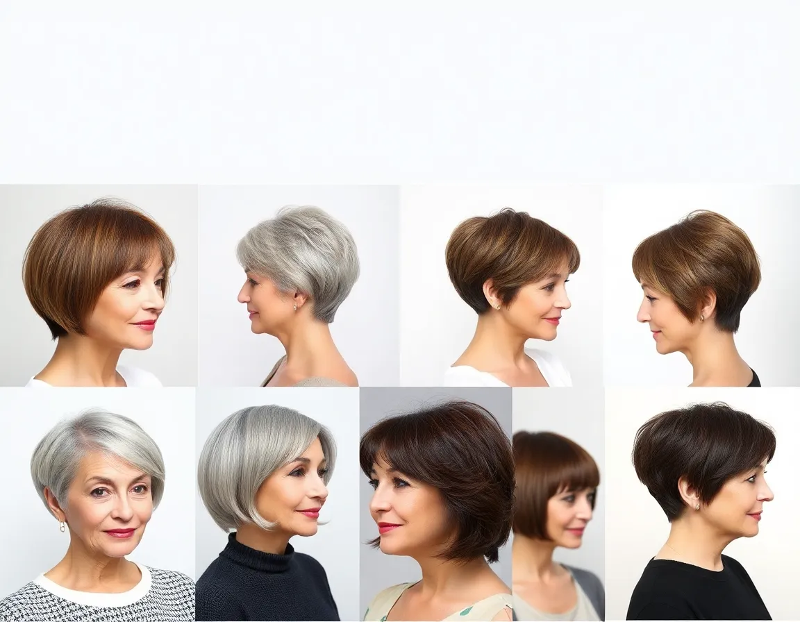 Collage of different short haircuts suitable for older women.