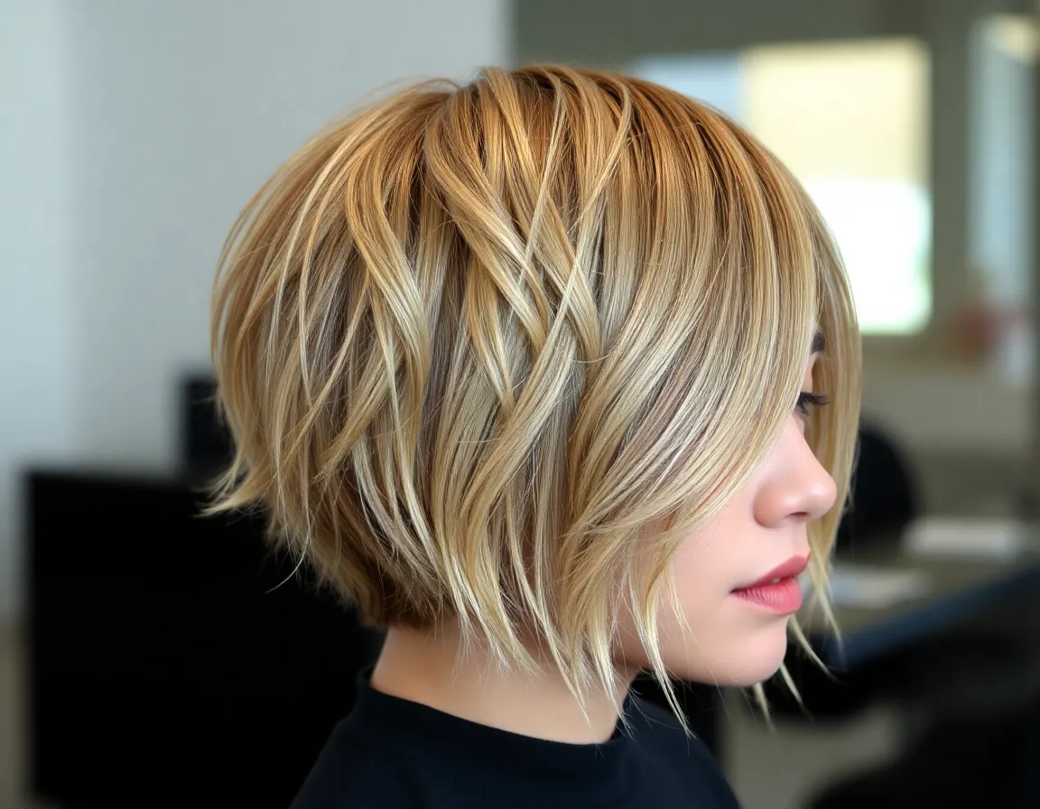 Image of a textured short haircut with highlights.