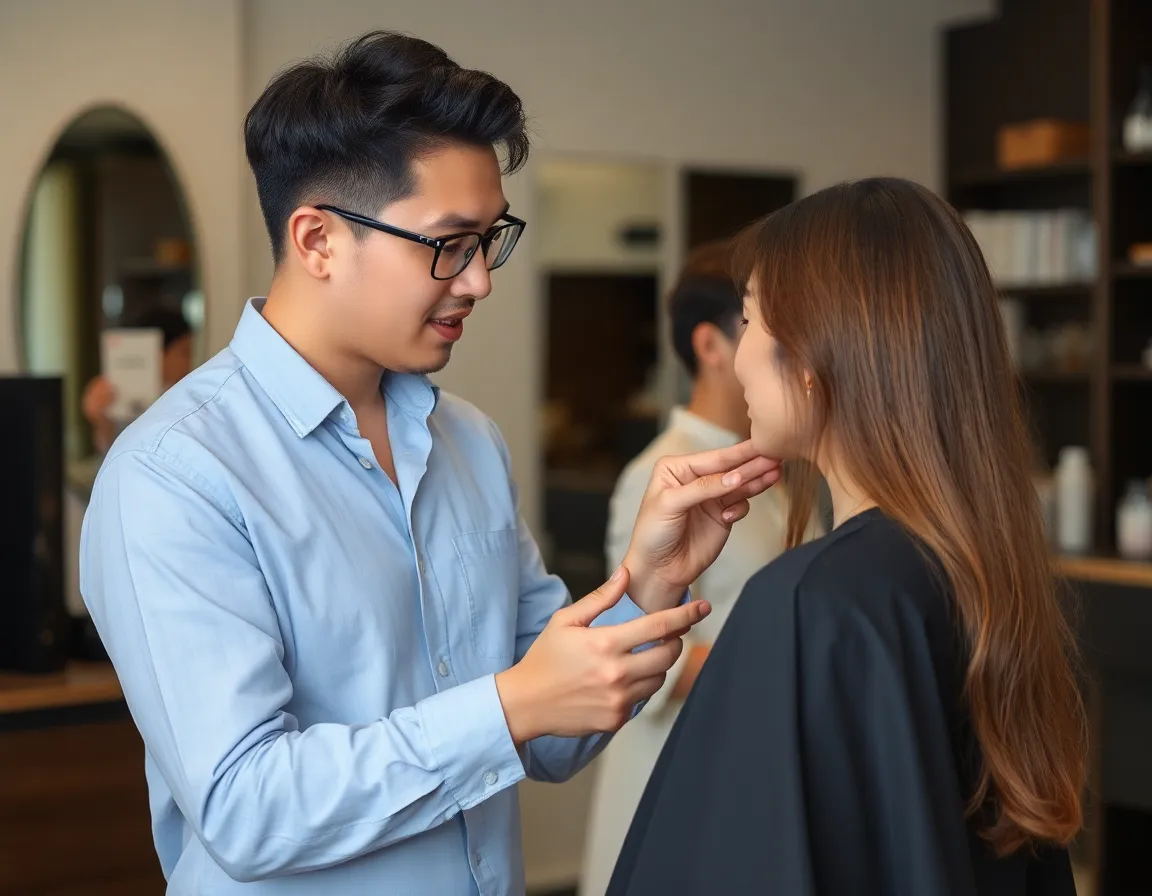 A stylist consulting with a client, discussing face shapes and hair types.