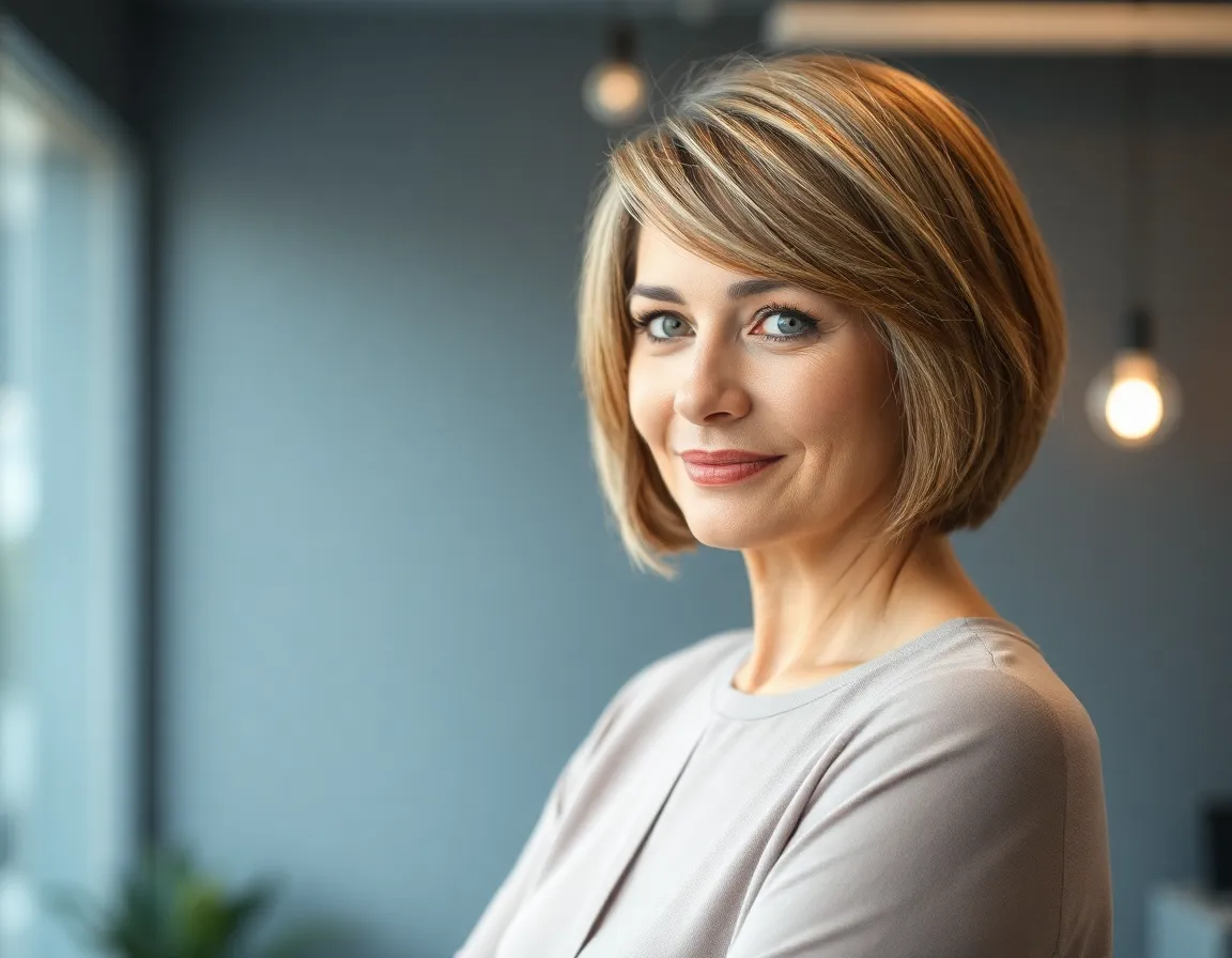A stylish bob haircut on an older woman looking confident.