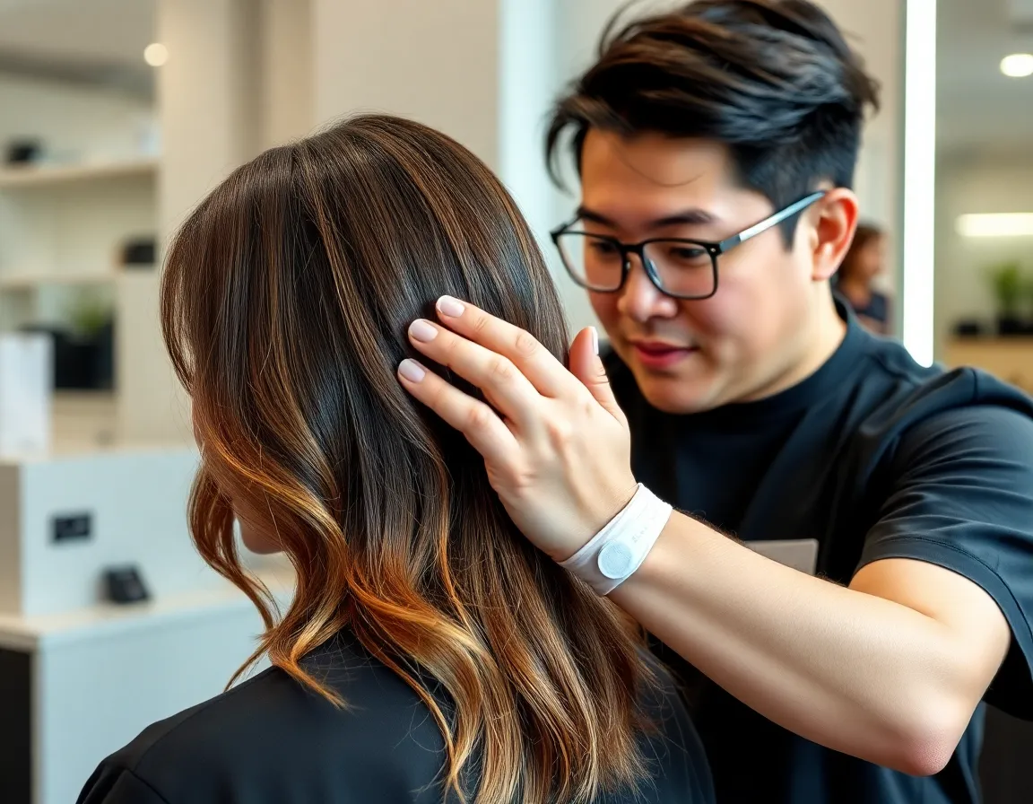 An image of a stylist performing a hair growth treatment at Session Salon.