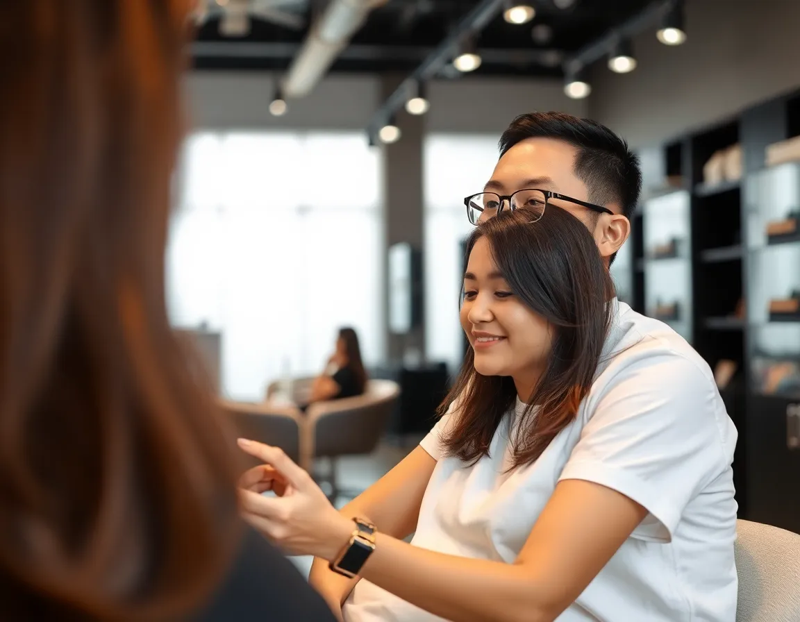 A relaxed customer enjoying a stylist consultation.