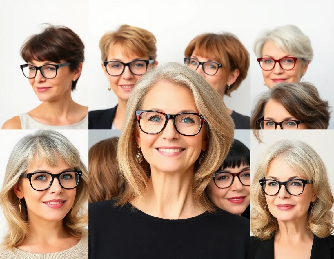 A variety of hairstyles paired with fashionable glasses for women over 50.