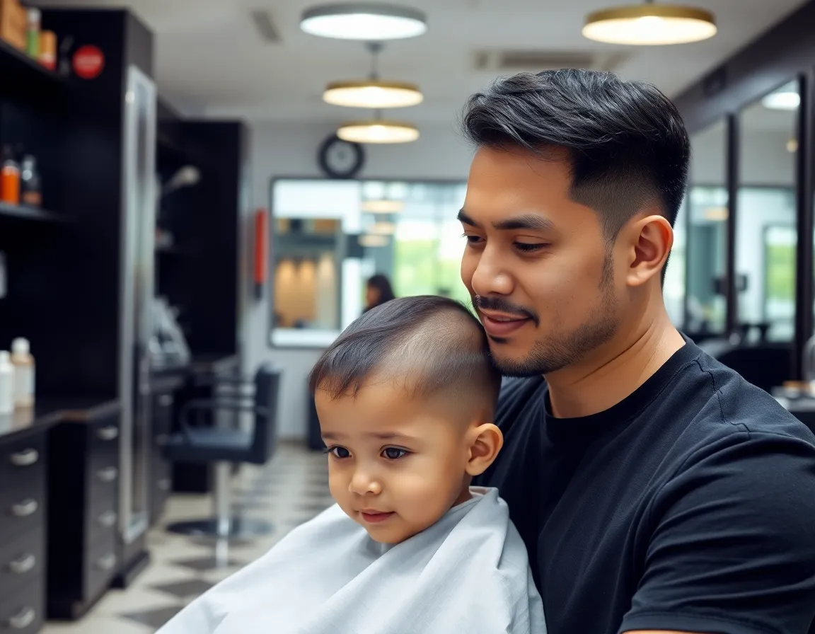 A dad getting his haircut alongside his child in a barbershop