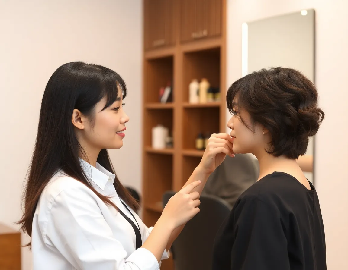 A stylist consulting a client about hairstyle options.