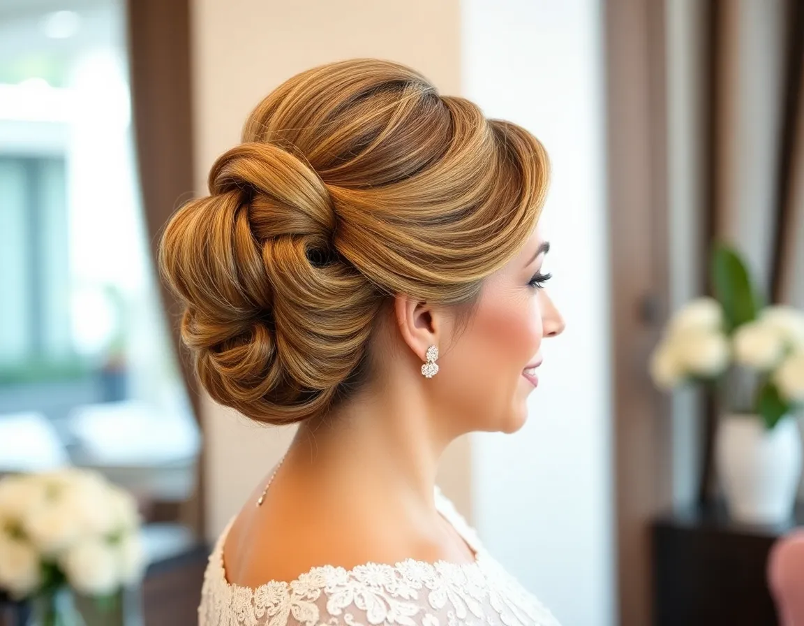 A sophisticated updo hairstyle on a mother at a wedding.